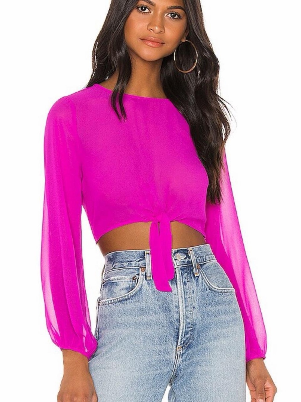 superdown fuchsia Pink Long Sleeve Tie-Front Crop Top small